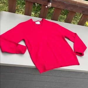 Warren-KNIT ORLON and WOOL V neck roll sleeve sweater 1950s red